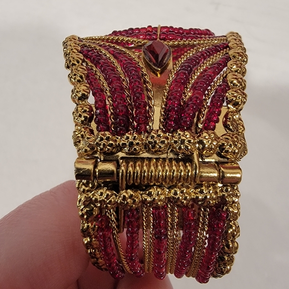 Beaded Hinged Cuff Bracelet, Gold Tone and Red Beads - Picture 4 of 11